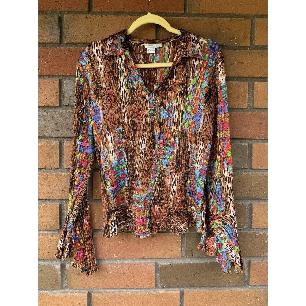 Alberto Makali Art-Wear Plisse Blouse‎ Top Crinkle Bell Sleeve | Size Medium
